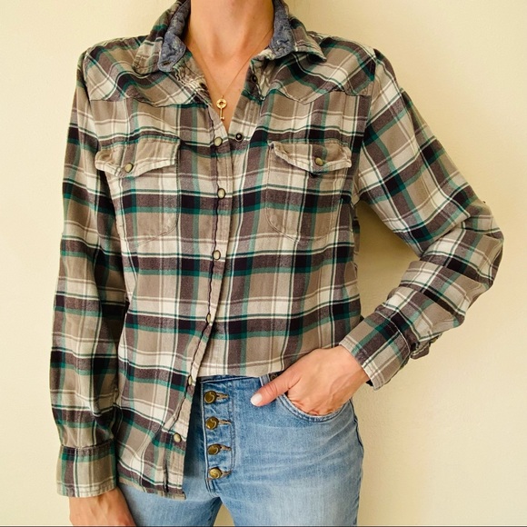 JACHS Girlfriend western Bea plaid flannel Long Sleeve Button down plaid Shirt - Picture 3 of 8